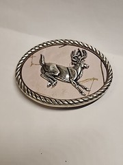 Nocona Belt Buckle Camo Deer Rope Edge Silver Tone Oval Leaping White Tail