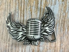 Retro Microphone Flying Mic & Wings Rock Music Silver Color Cutout Belt Buckle