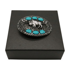Men Western Belt Buckle Dark Silver Metal Cowboy Bison Buffalo Ox Oval Shape
