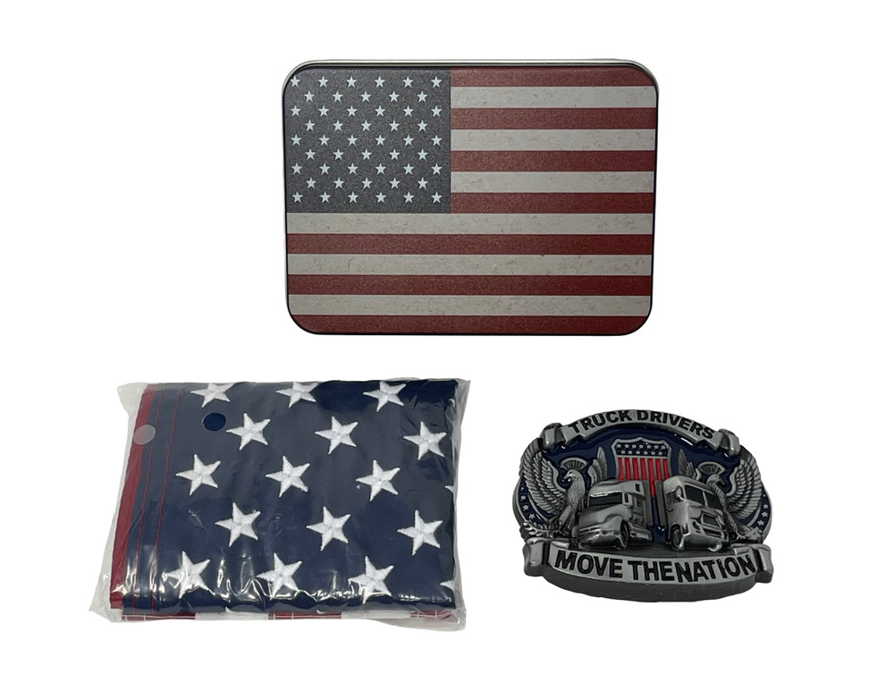 Trucker Belt Buckle Gift Set with 12 x 18 Inch American Flag – Patriotic Buckles