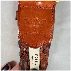Fossil Braided Leather Belt Brown Woven Brass Buckle Large Boho Western festival
