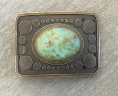 Vintage Teal Stone Belt Buckle Antique Gold Bronze Brass Turquoise Agate Inlay