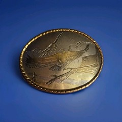 VTG Bald Eagle Mountain Scene Belt Buckle USA Western Gold Trim Wesco/Walsco