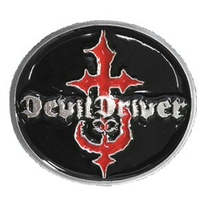 Men&rsquo;s Devil Driver Round Logo Black & Red Enamel Filled Silver Buckle Belt