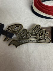 Polo Ralph Lauren Canvas &Leather Belt Script Logo Buckle Red White Blue Size 42