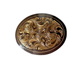 Western Belt Buckle 4.25 x 3.25 in Handcrafted Oval Engraved Brown Gold 2.25