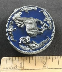 HORSE RUNNING GALLOPING WESTERN FLORAL FLOWER THEME DESIGN BLUE BELT BUCKLE
