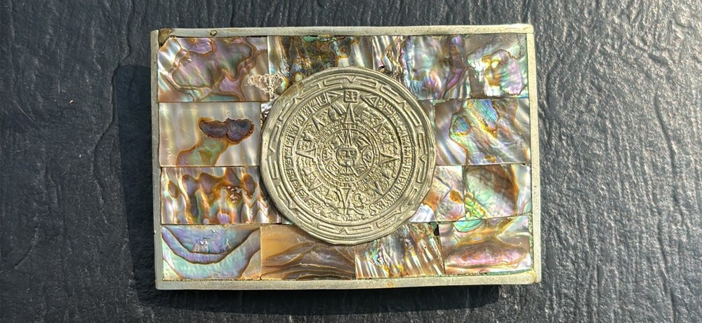 Vintage Alpaca Mexico Belt Buckle W/ Abalone Shell Inlay Mayan Calendar Sun