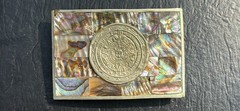 Vintage Alpaca Mexico Belt Buckle W/ Abalone Shell Inlay Mayan Calendar Sun