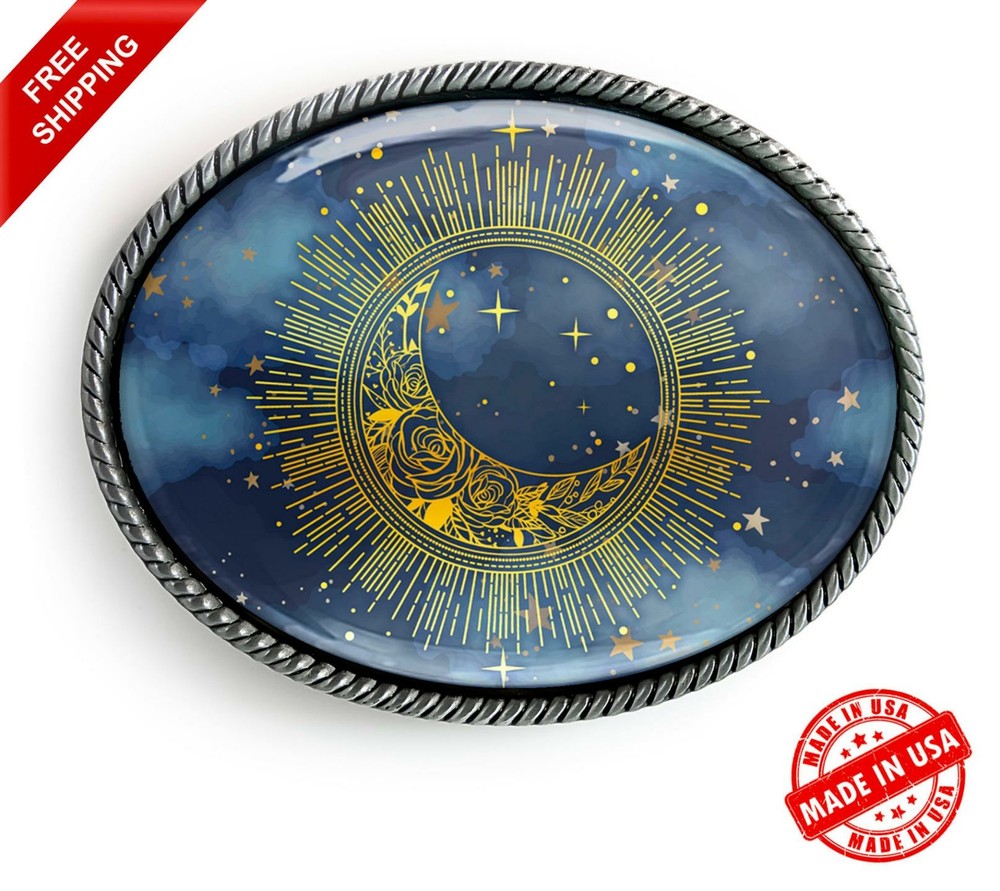Starry Sky Belt Buckle – Celestial Sun & Moon Handmade Silver Buckle – 12-2