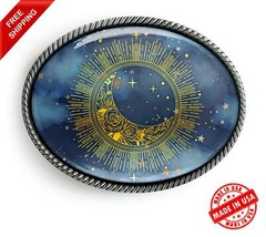 Starry Sky Belt Buckle – Celestial Sun & Moon Handmade Silver Buckle – 12-2