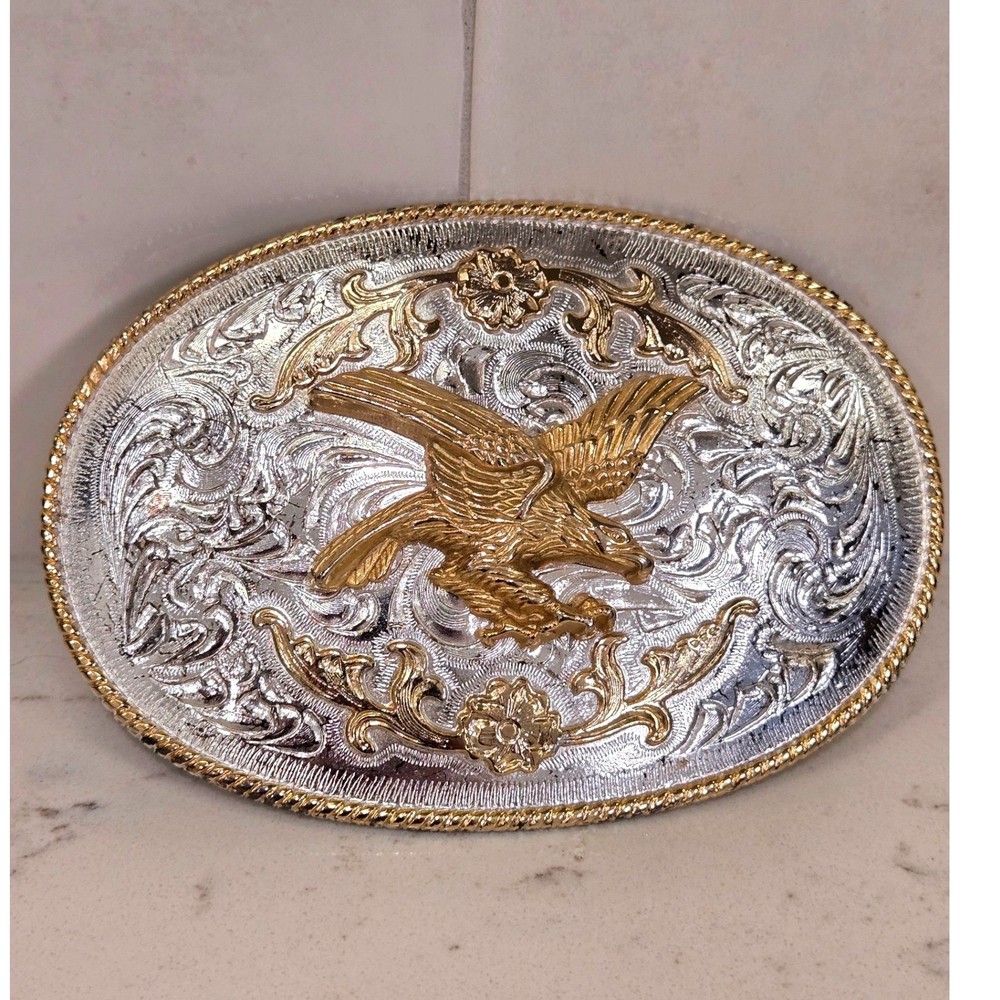 Western Eagle Belt Buckle Two Tone Gold Silver Floral Scroll Rope Border Oval