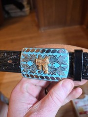 Vintage Just-O-Belt Black Tooled Leather W/ Silver Tone Buckle W Saddle 34&Prime; Long