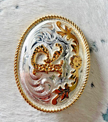 Western Initial Belt Buckle 3.5 x 2 5/8 in Oval R Silver Engraved Gold 1.75