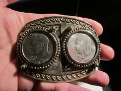 DOUBLE SILVER DOLLAR COINS BELT BUCKLE 1974 – HEAVY – BBA-45