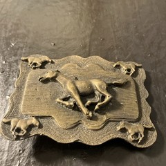 Vtg belt buckle running horses cowgirl cowboy equestrian western brass toned