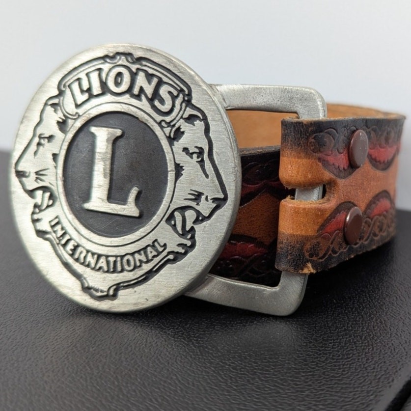 Vintage Lions International Pewter Buckle Tooled Leather Belt Size 36