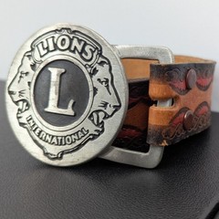 Vintage Lions International Pewter Buckle Tooled Leather Belt Size 36