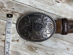 Justin Belt Mens Brown Leather Silver Tone Buckle Floral Scroll Western Cowboy