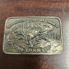Vintage 1988 BASS Bass Anglers Sportsman Society Brass Belt Buckle USA Made 3×2&Prime;