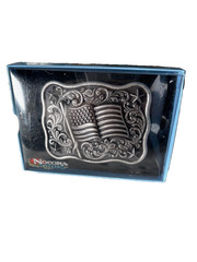 Nocona Mens Belt Buckle 3.75 x 3 in US Flag Star Western Matte Black Silver 1.5