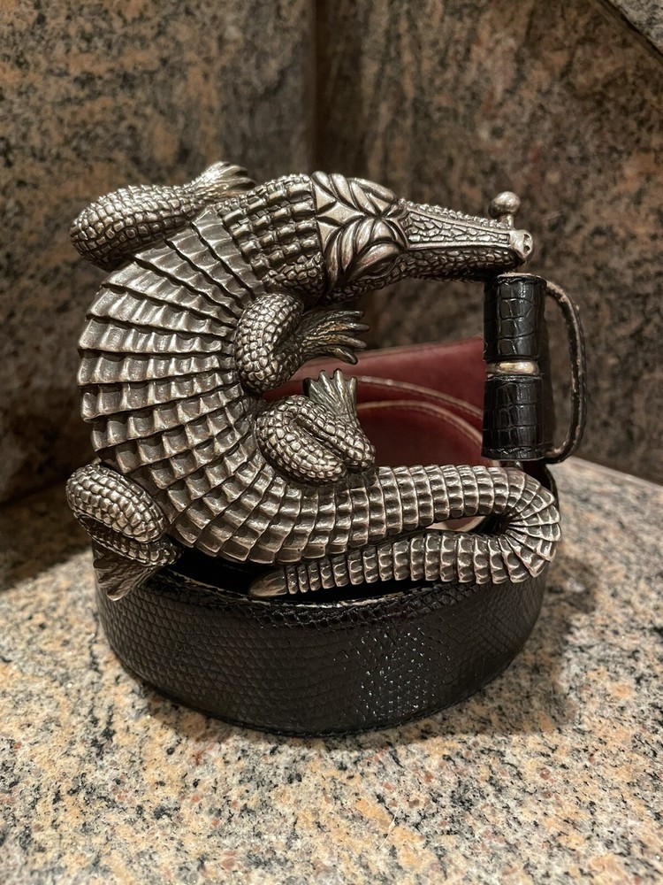 Huge Kieselstein-Cord Sterling Alligator Buckle With Black Lizard Belt Size 1