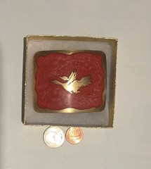 Vintage Metal Belt Buckle, Nice Brass and Red Crushed Turquoise, Flying Ducks, N