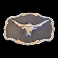 Texas Longhorn Belt Buckle Metal & Black Enamel Biker Western Cowboy