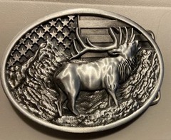 Elk Deer American Flag Belt Buckle USA Hunter Antique Silver Fits 1.5&Prime; Belts