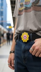Unisex Belt Buckle Teen Women Fashion Yellow Flower Emoji Cartoon Kid Disco Ball