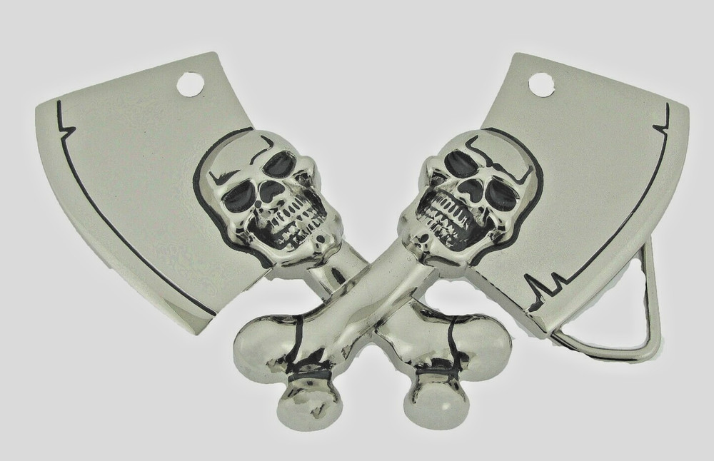Skull Belt Buckle Rock Rebel Skeleton Vintage Hatchet Silver Metal Cleavers Axes