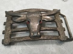 VTG. Cowboy Belt Buckle Long Horn Bull Head 4 »X2 » Silver Tone