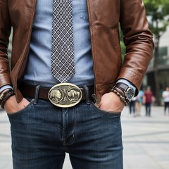 Men Native Cowboy Western Metal Buckle Antique Vintage Gold Buffalo Indian Bull