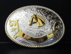 *Horse Head Silver & Gold Colored Western Style Belt Buckle Large 4&Prime; New w/ Tag