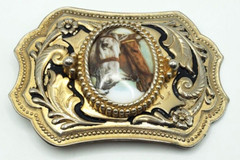 Vintage Two Horse Head Cameo Belt Buckle Equestrian Racing