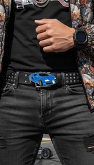 NEW Men Women Fashion Silver Metal Belt Buckle Blue Racing Luxury Car Day Wear
