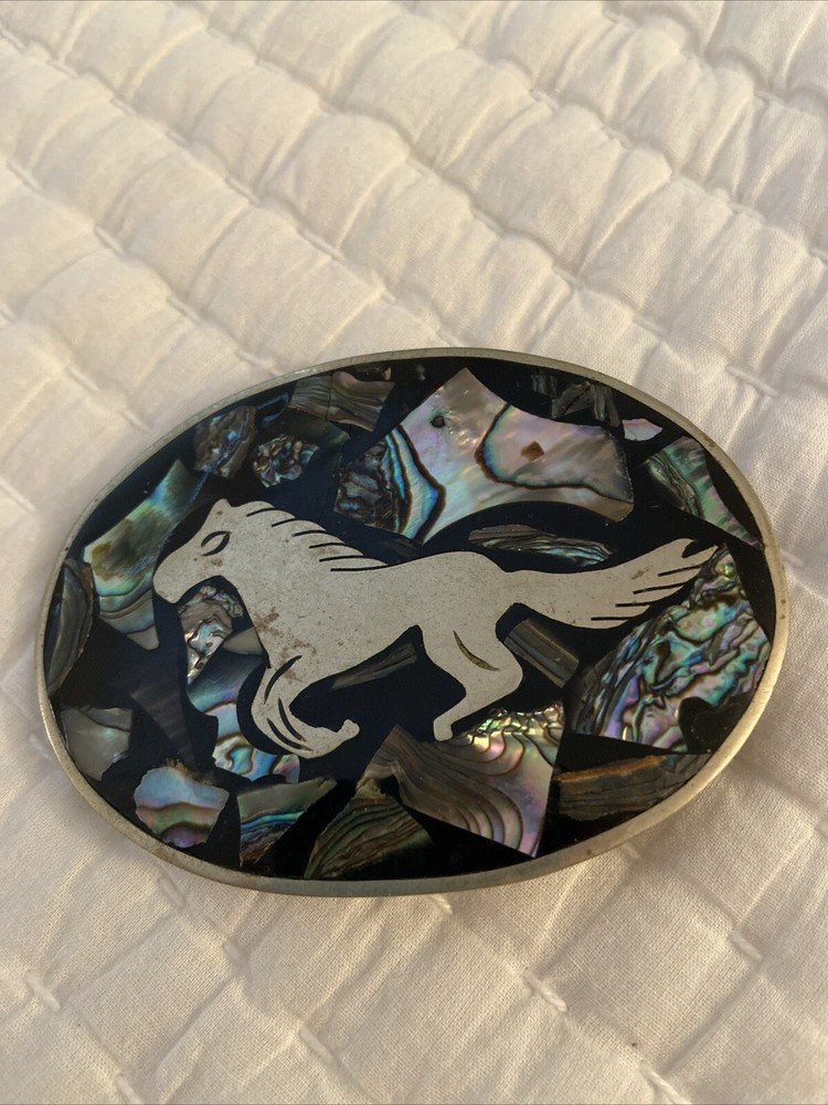 Mexico Western Horse Belt Buckle Abalone Shell Inlaid Silver Tone Vintage 3”