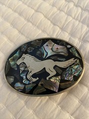 Mexico Western Horse Belt Buckle Abalone Shell Inlaid Silver Tone Vintage 3”