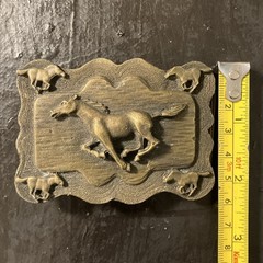 Vtg belt buckle running horses cowgirl cowboy equestrian western brass toned