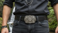 Men Women Western Belt Buckle Rusty Silver Metal Cross Religious Fun Casual Look