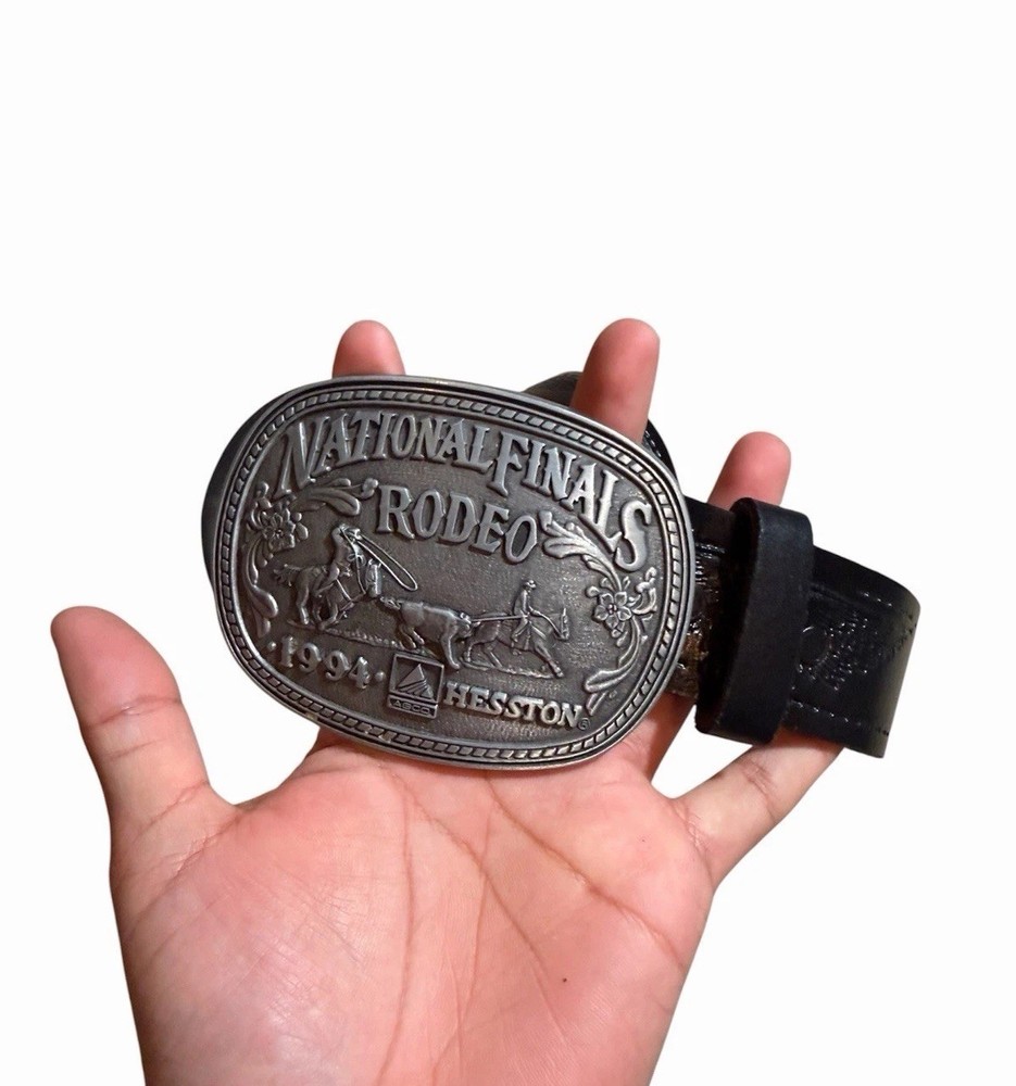 National Finals Rodeo Western Leather Belt with Silver Buckle