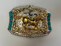 Running Galloping Mustang Stallion Horse W/ Faux Turquoise Stones Belt Buckle