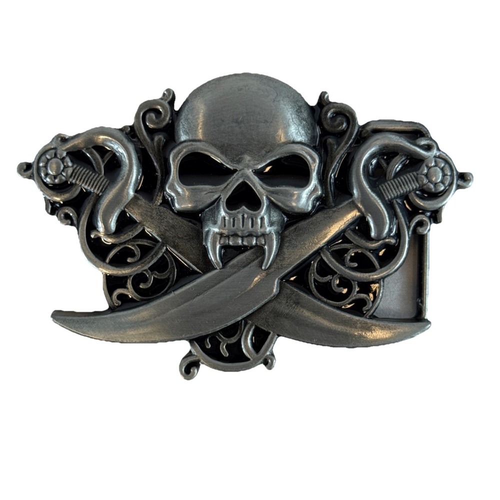 Skull and Crossed Swords Silver Tone Belt Buckle 4&Prime;x2.5&Prime; Pirate