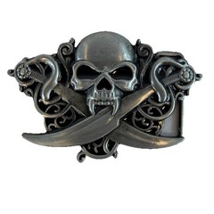 Skull and Crossed Swords Silver Tone Belt Buckle 4&Prime;x2.5&Prime; Pirate