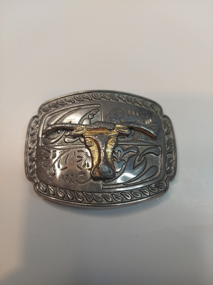 Western Longhorn Belt Buckle Floral Engravings Bull Head Rope Border