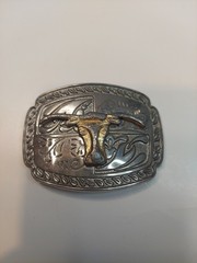 Western Longhorn Belt Buckle Floral Engravings Bull Head Rope Border