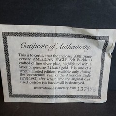 Vntg International Monetary Mint American Eagle Belt Buckle w/Box & Certificate.