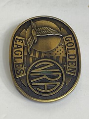 Vintage NRA GOLDEN EAGLES Belt Buckle Brass American Flag With Original Box