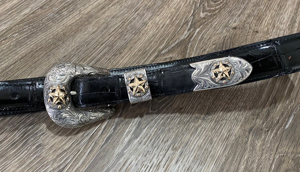 Rare Chet Vogt 14k .925 Sterling Belt Buckle Set XL cowboy Star BLK ✅