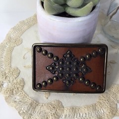 Brass Leather & Studs Belt Buckle~Brown/ Gold Handcrafted ~UNIQUE ~FREE SHIPPING